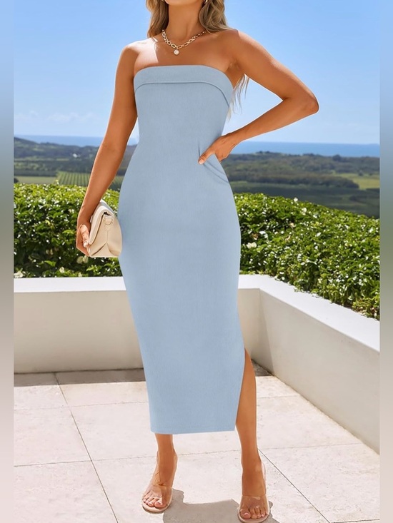 Dresses & Skirts - Strapless Bodycon Midi Dress w/Side Slit